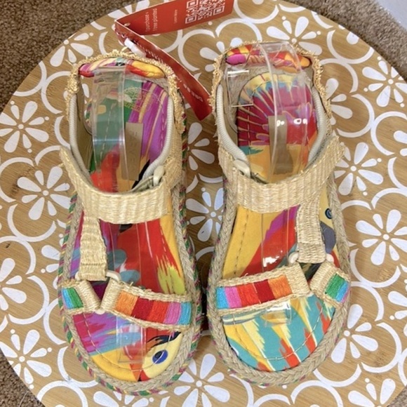 NWT Farm Rio Colorful Toucans Flatform Raffia Velcro Sandal, Size 7. - Picture 2 of 11